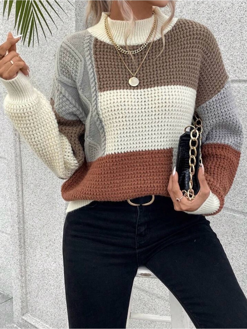 Colorblock Chunky Knit Sweater - Cream, Gray & Brown